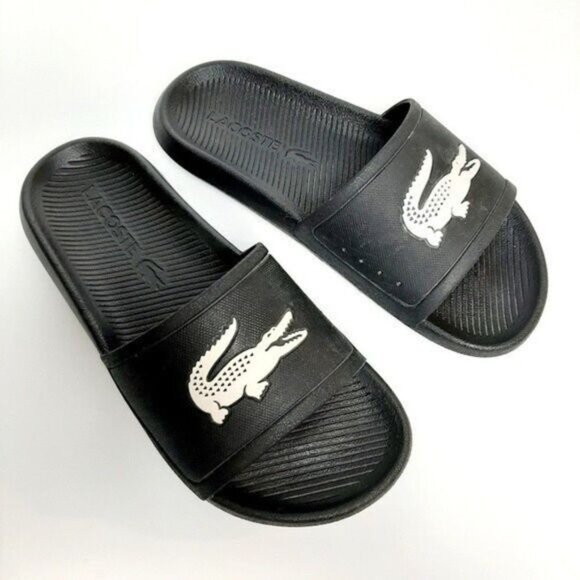 LACOSTE Croco Slide Sandals Lage Logo Black B&W Sz 6 - Picture 3 of 11